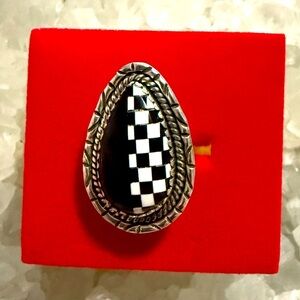 NWOT Handmade Sterling Silver Black & White Checkered Teardrop Ring